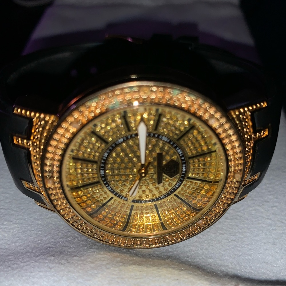 Lady Super Techno Quartz Watch 38mm case .08ct Diamond Gold w/ black band.